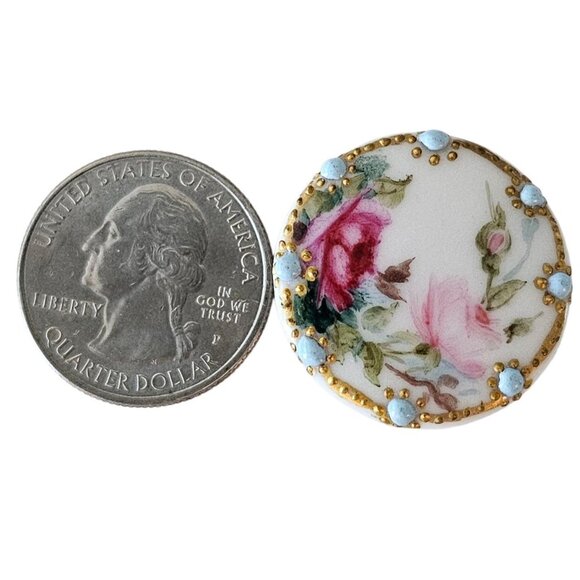 Antique Bone China Round Buttons, Self Shank, Hand Painted Roses, Pink, Blue - Picture 7 of 9